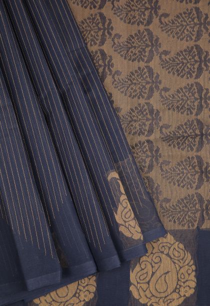 Denim Blue Kanchi Cotton Sarees with Without Zari Zari Stripes