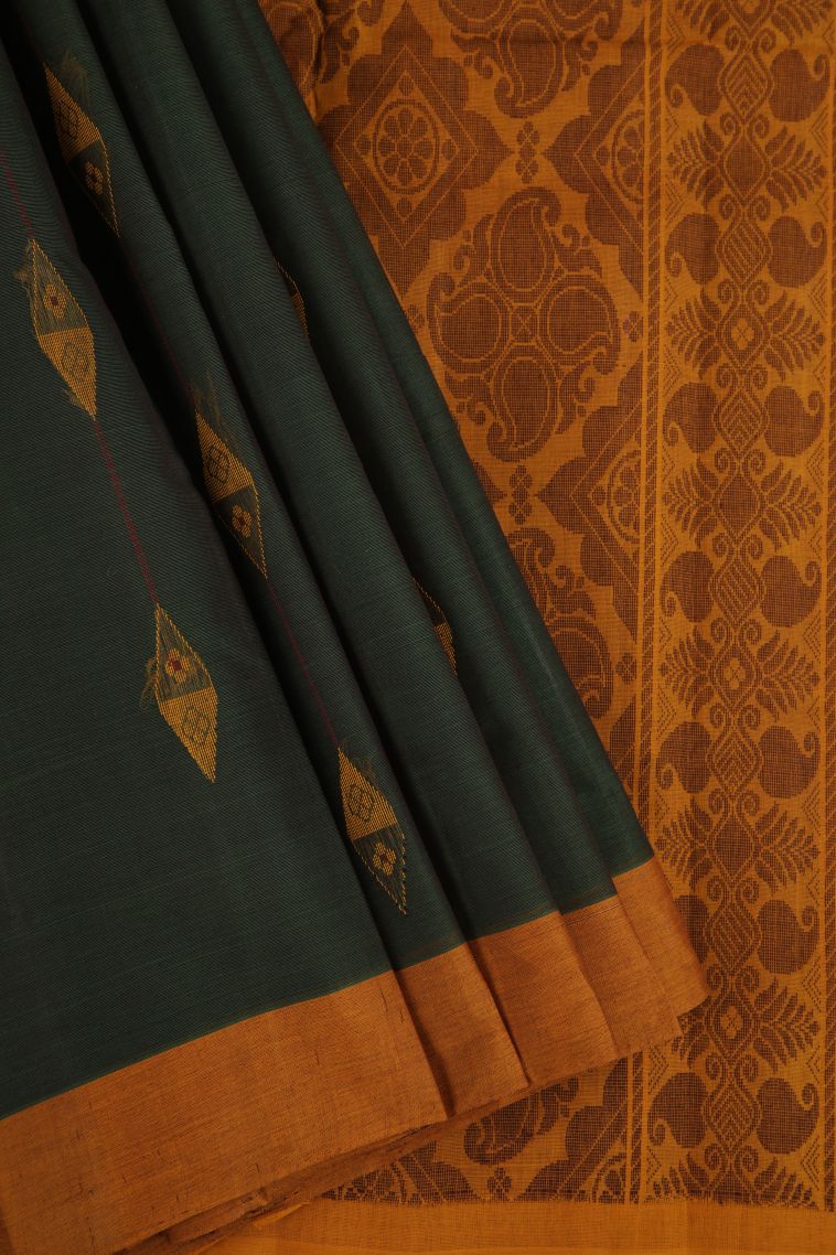 Seaweed Green Kanchi Cotton Sarees with Copper Zari Geometric Shapes view 1