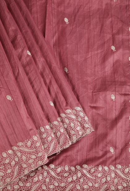 Lipstick Red Fancy Saree with Silver Zari Floral Patterns