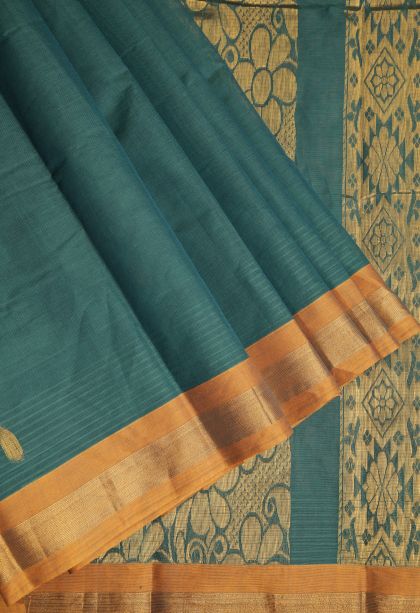 Ocean Blue Kanchi Cotton Sarees with Gold Zari Floral Patterns