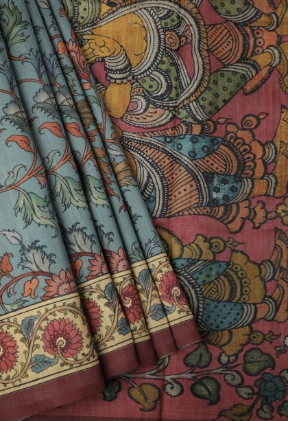 Stone Blue Fancy Saree with Without Zari Zari Floral Patterns