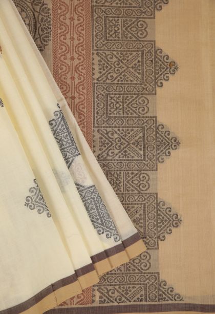 Beige Yellow Aruppukottai Cotton Sarees with Without Zari Zari Floral Patterns