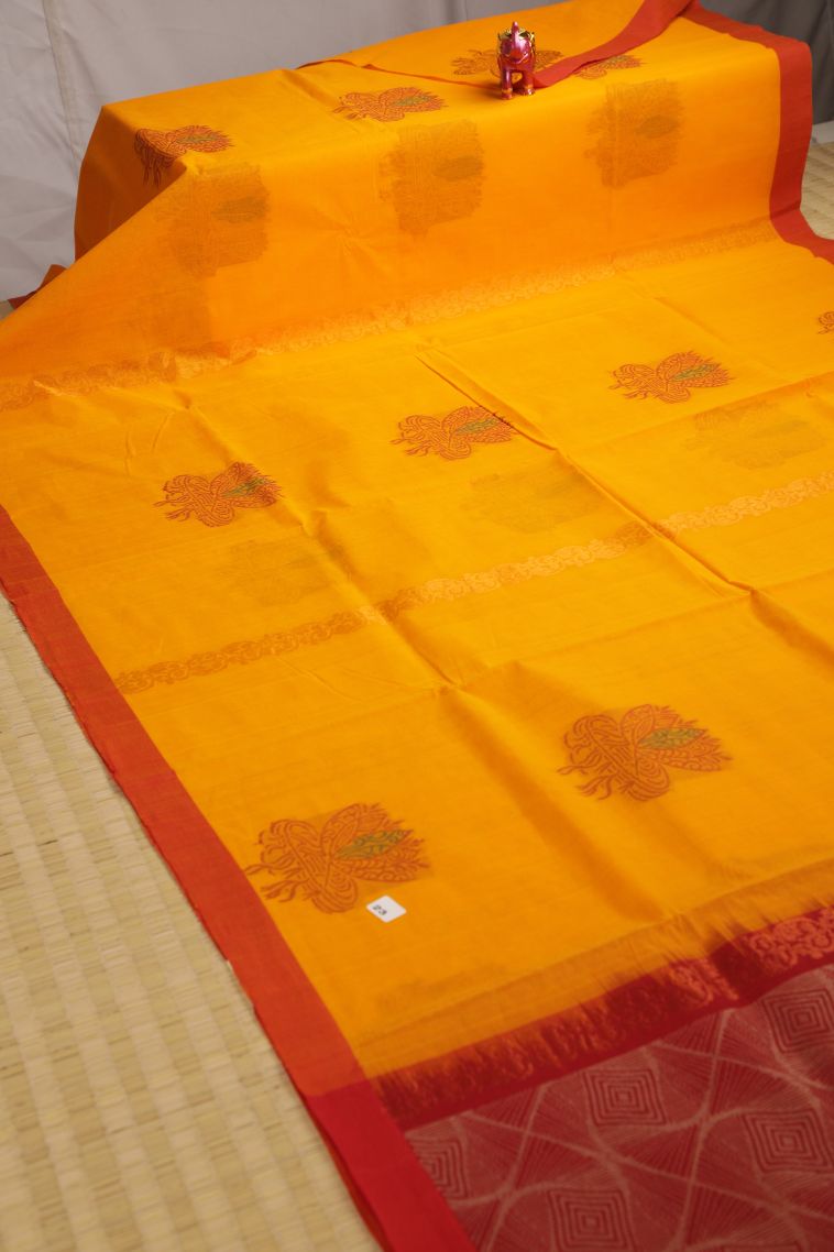 Honey Orange Pure Handloom Kovai Cotton with Without Zari Zari Floral Patterns view 2