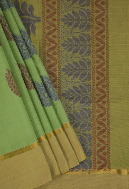 Olive Green Pure Handloom Kovai Cotton with Gold Zari Floral Patterns