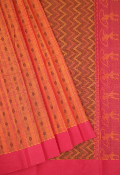 Tiger Orange Kanchi Cotton Sarees with Without Zari Zari Buttis (small Dots Or Motifs)