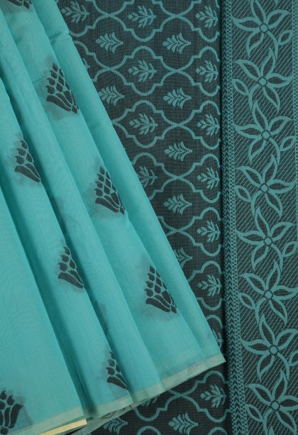 Sky Blue Silk Cotton with Without Zari Zari Floral Patterns