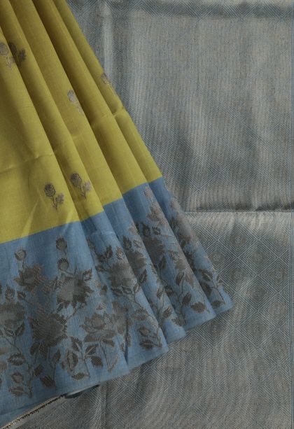 Olive Green Fancy Saree with Silver Zari Floral Patterns