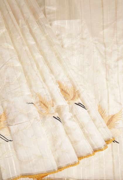 Cream White Fancy Saree with Without Zari Zari Floral Patterns