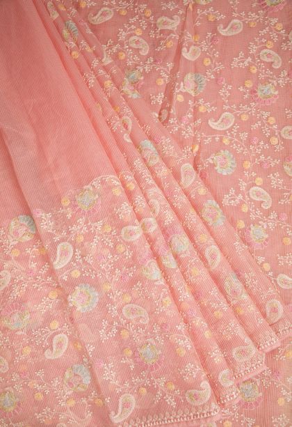 Peach Pink Designer Sarees with Without Zari Zari Floral Patterns