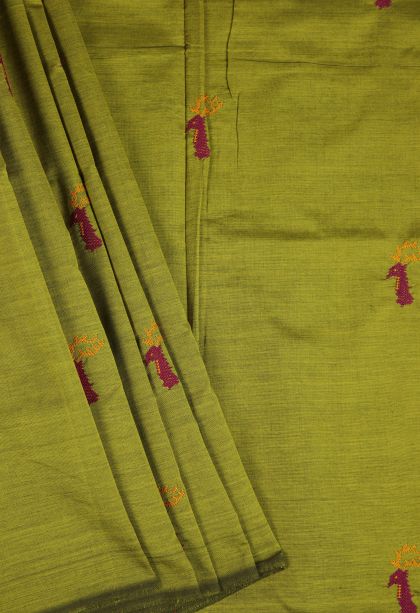 Pear Green Poly Cotton Sarees with Without Zari Zari Animal And Bird Motifs