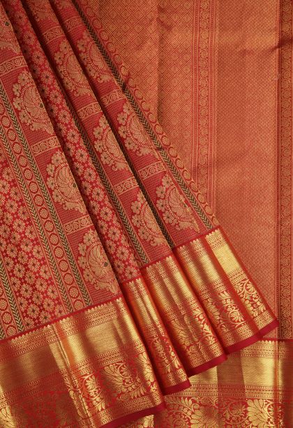 Candy Red Kanchipuram Silk Sarees with Gold Zari Peacock Motifs