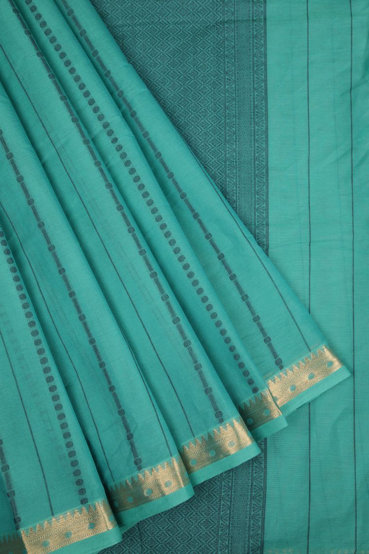 Ocean Blue Kanchi Cotton Sarees with Gold Zari Buttis (small Dots Or Motifs) view 1