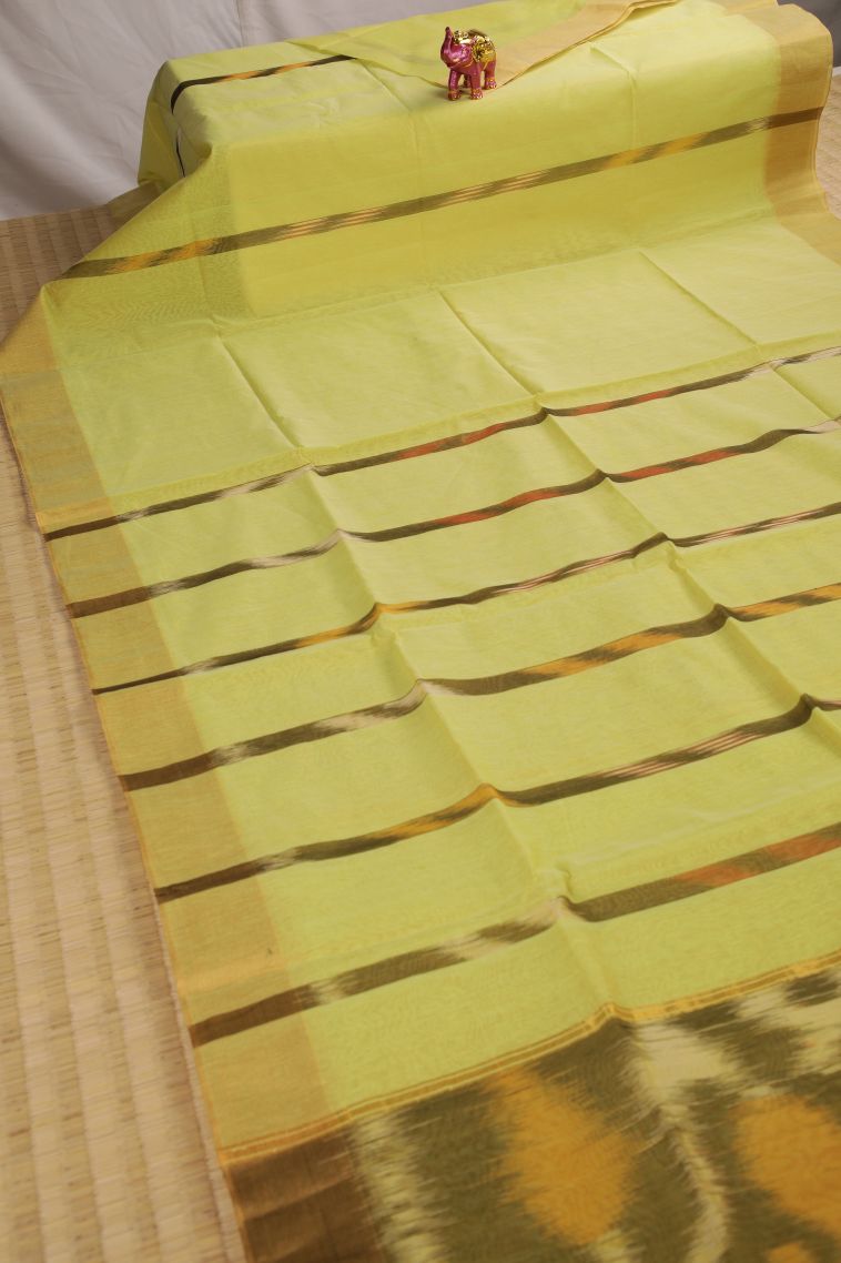 Lemon Yellow Silk Cotton Sarees with Copper Zari Stripes view 2