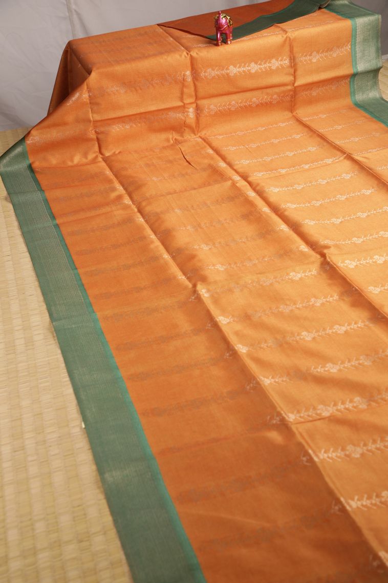 Candy Orange Fancy Saree with Silver Zari Floral Patterns view 2