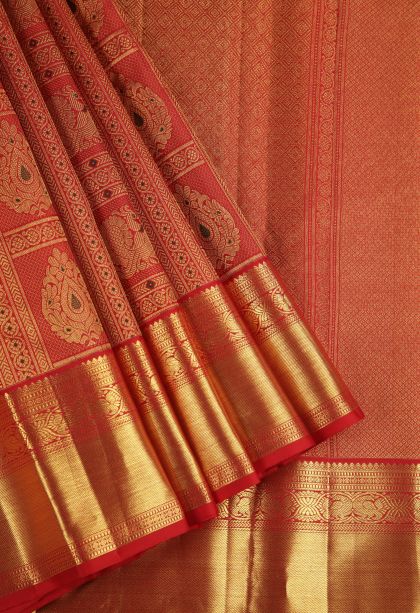 Rose Red Kanchipuram Silk Sarees with Gold Zari Peacock Motifs