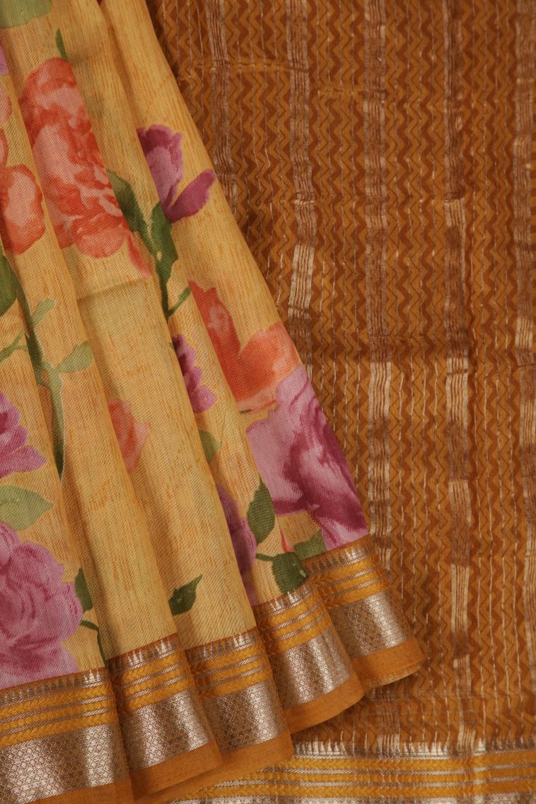 Honey Orange Fancy Saree with Silver Zari Floral Patterns view 1