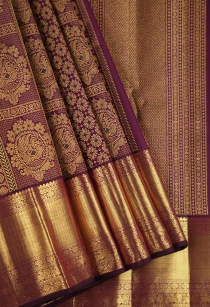Bosenberry Purple Kanchipuram Silk Sarees with Gold Zari Peacock Motifs