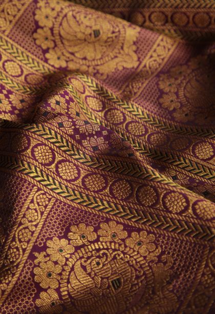 Bosenberry Purple Kanchipuram Silk Sarees with Gold Zari Peacock Motifs