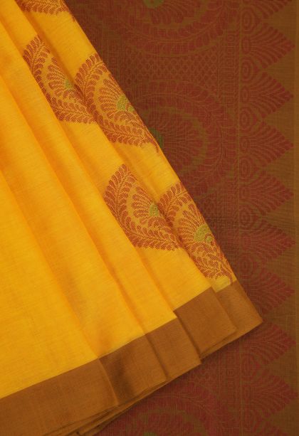 Merigold Orange Pure Handloom Kovai Cotton with Gold Zari Floral Patterns