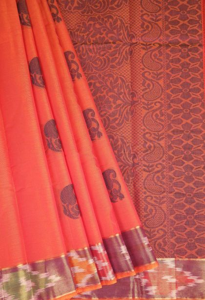 Fire Orange Kanchi Cotton Sarees with Without Zari Zari Floral Patterns