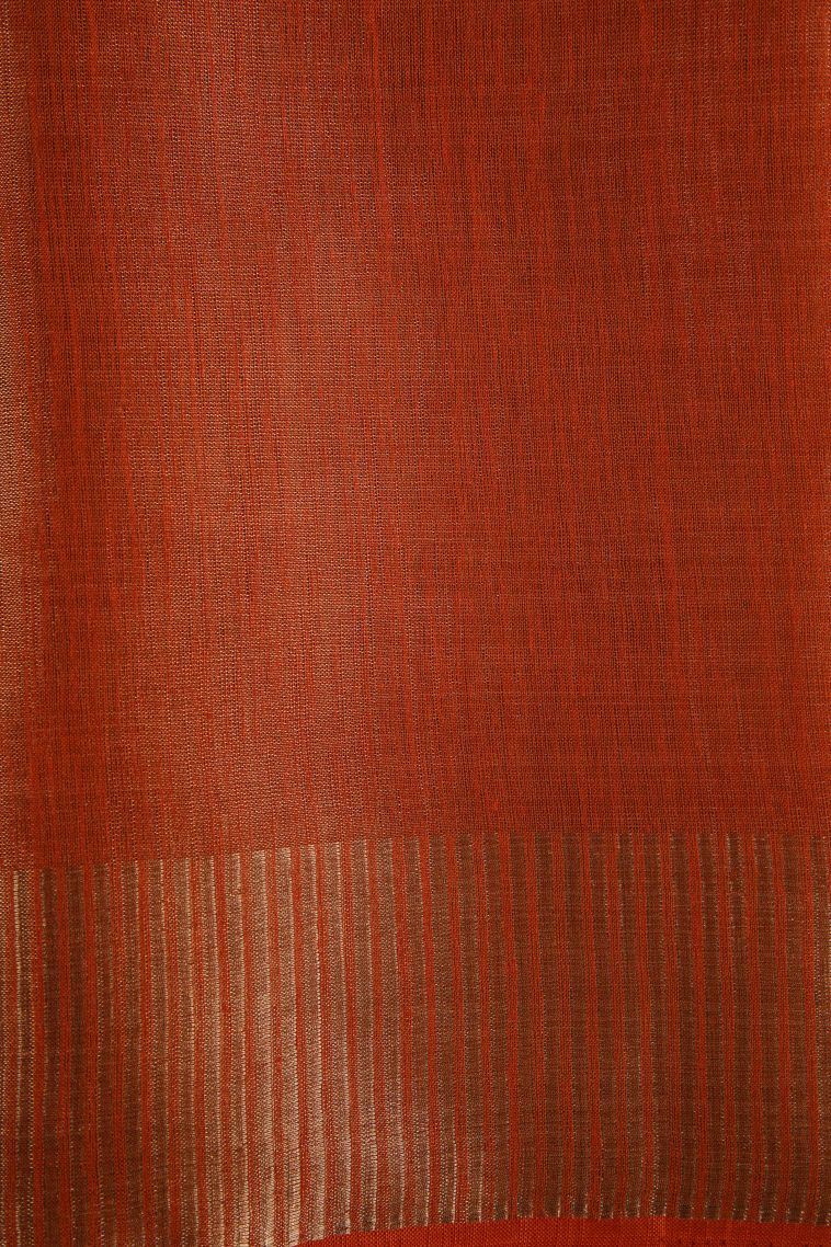Candy Orange Semi Raw Silk Printed with Gold Zari Floral Patterns view 3