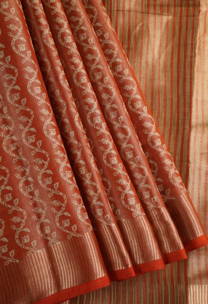 Candy Orange Semi Raw Silk Printed with Gold Zari Floral Patterns