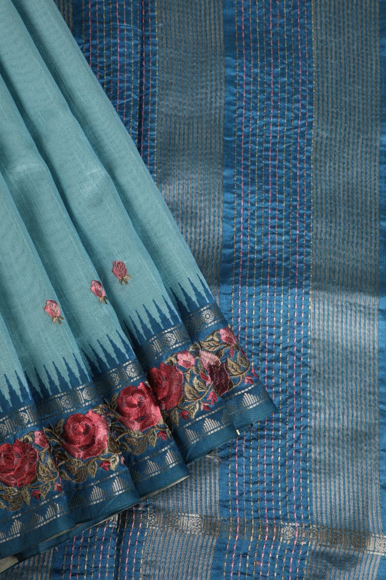 Sky Blue Raw Silk Sarees with Without Zari Zari Floral Patterns view 1