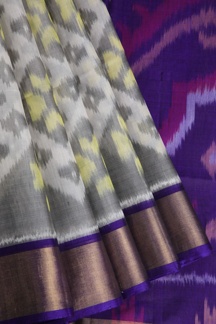 Parchment White Pochampalli Saree with Without Zari Zari Floral Patterns view 1
