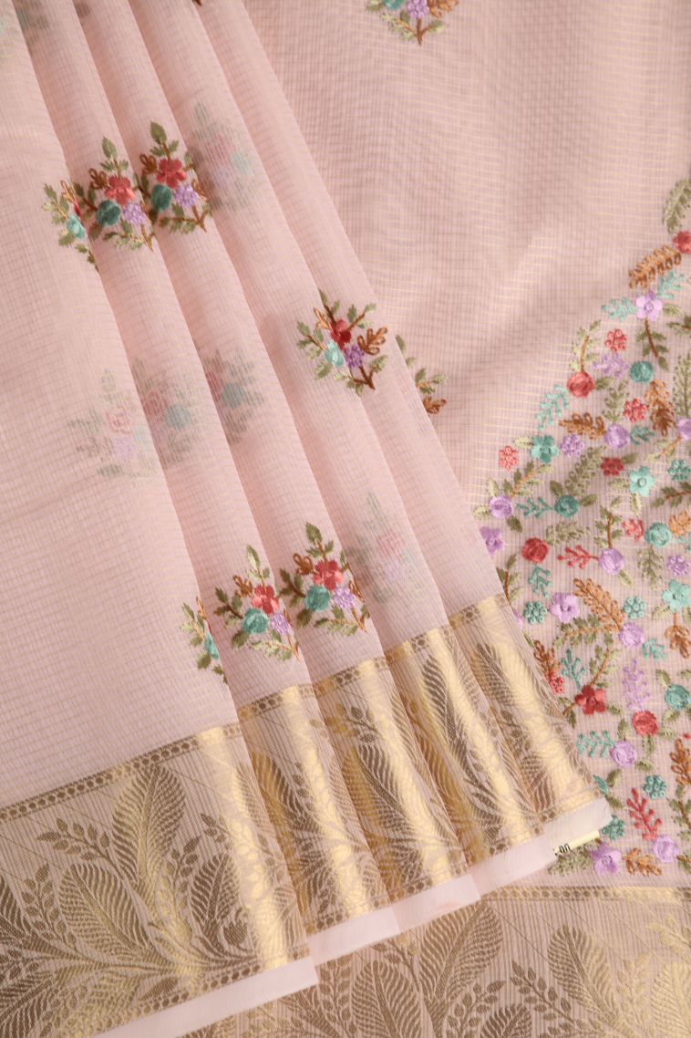 Lemonade Pink Organza Saree with Gold Zari Floral Patterns view 1