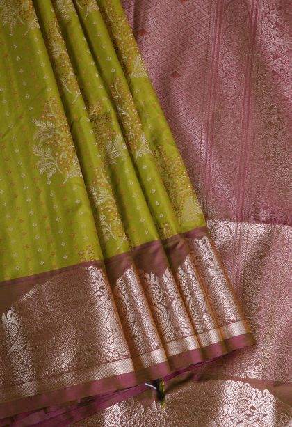 Basil Green Apoorva Silk Sarees with Gold Zari Floral Patterns