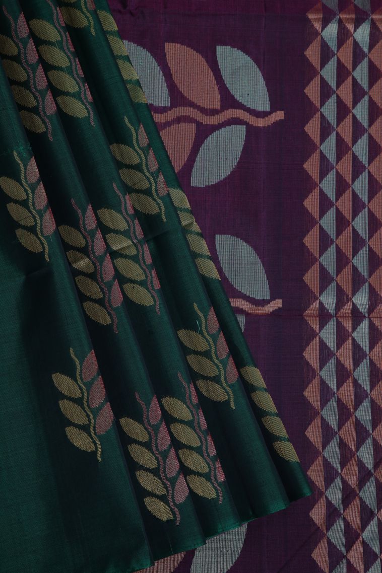 Bottle Green Silk Cotton Sarees with Copper Zari Floral Patterns view 1