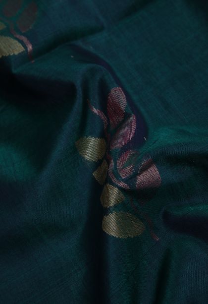 Bottle Green Silk Cotton Sarees with Copper Zari Floral Patterns