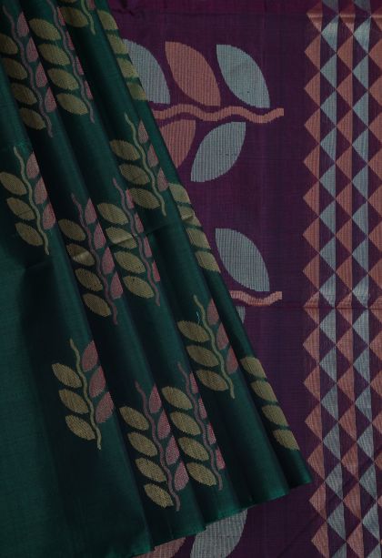 Bottle Green Silk Cotton Sarees with Copper Zari Floral Patterns