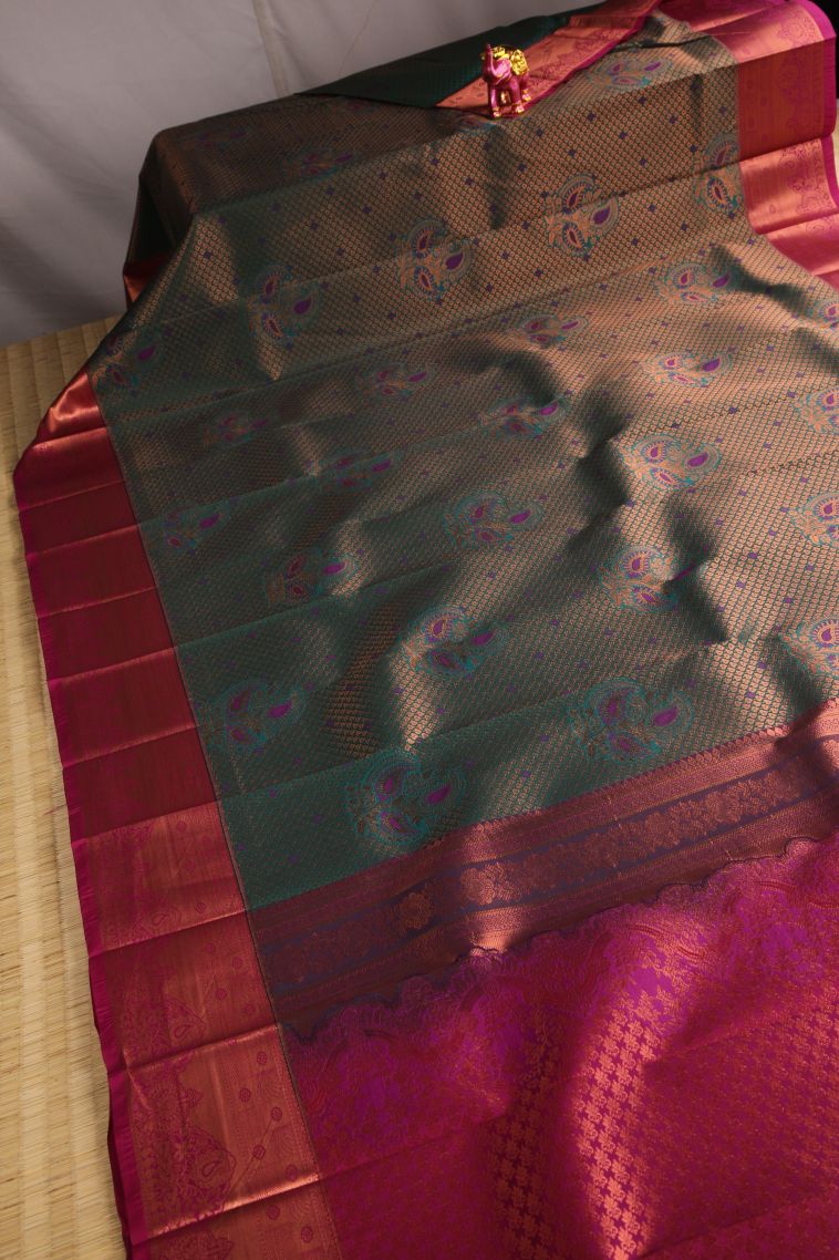 Pine Green Visiri Madippu Silk Sarees with Copper Zari Floral Patterns view 2
