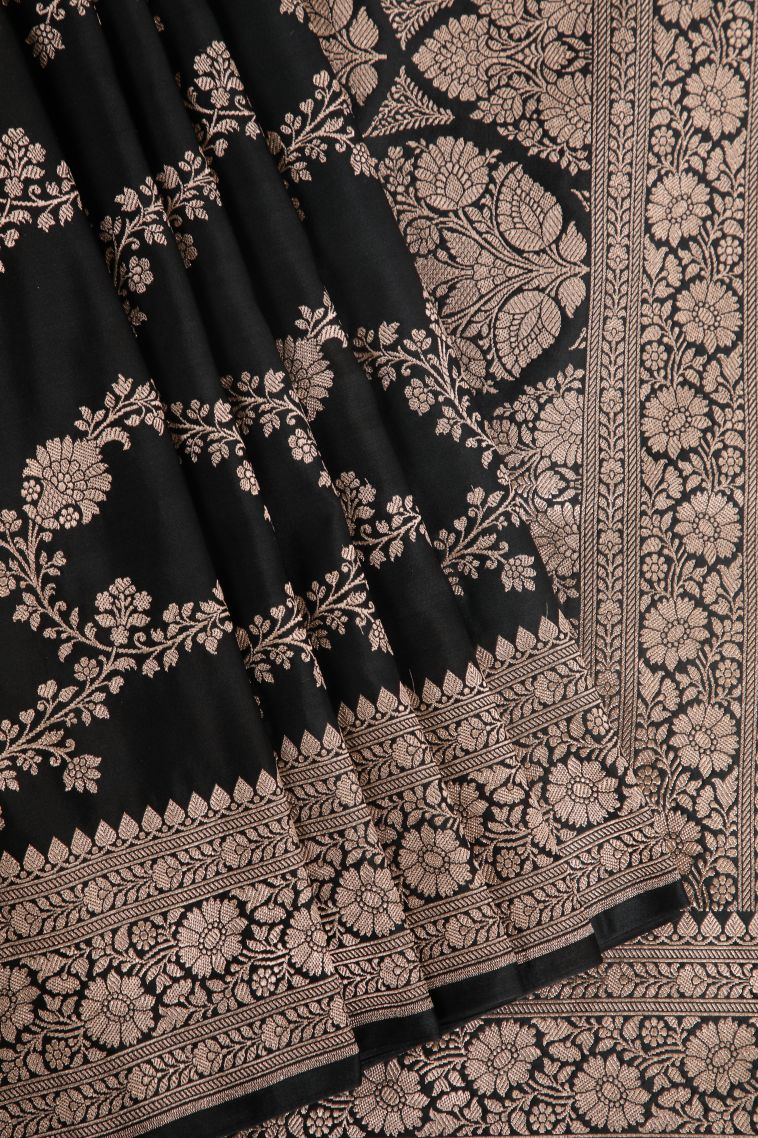 Onyx Black Banaras Sarees with Gold Zari Floral Patterns view 1
