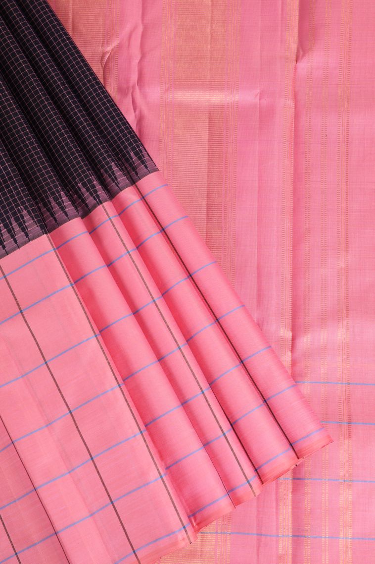 Indigo Blue Kanchipuram Silk Sarees with Gold Zari Checks view 1