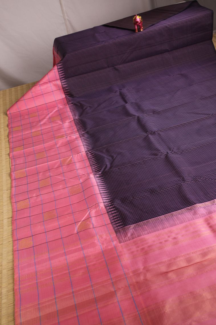 Indigo Blue Kanchipuram Silk Sarees with Gold Zari Checks view 2