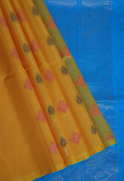 Merigold Orange Silk Cotton Sarees with Gold And Silver Zari Floral Patterns