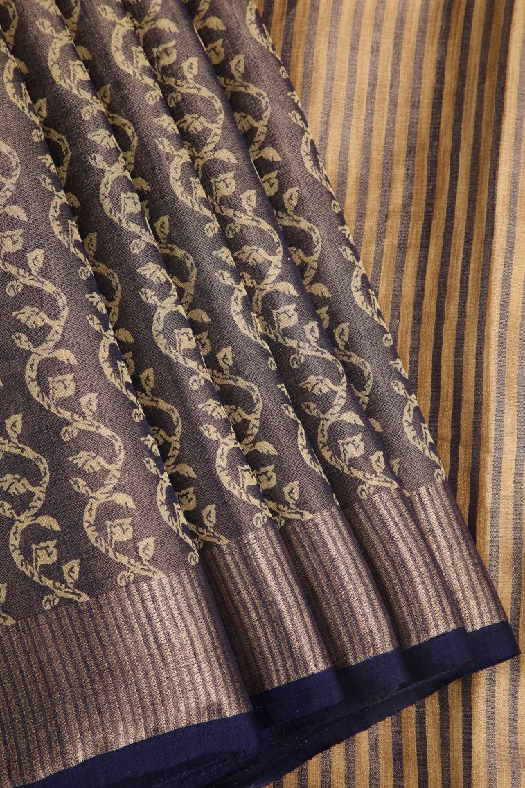 Indigo Blue Semi Raw Silk Printed with Gold Zari Floral Patterns view 1
