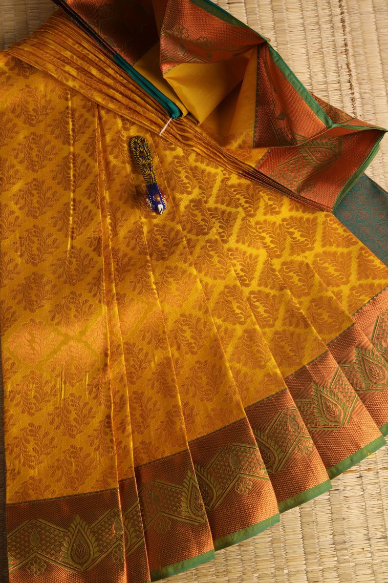 Honey Orange Visiri Madippu Silk Sarees with Copper Zari Floral Patterns view 1