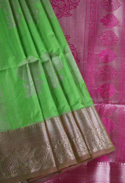 Basil Green Apoorva Silk Sarees with Gold Zari Floral Patterns