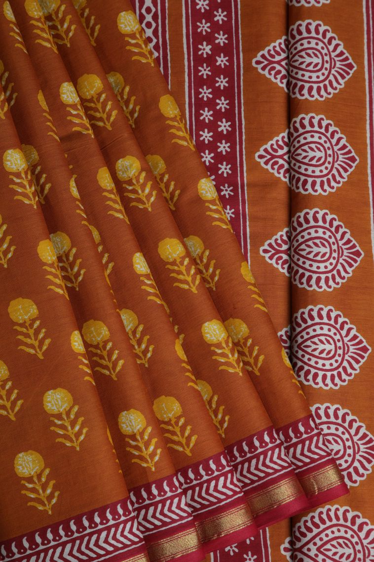 Sandstone Orange Chanderi Cotton Sarees with Without Zari Zari Floral Patterns view 1