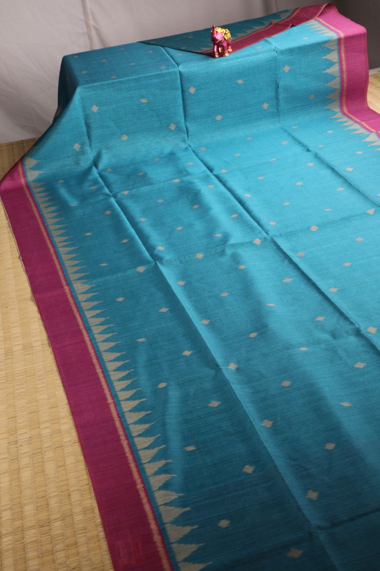 Cerulean Blue Semi Tussar Silk with Gold Zari Buttis (small Dots Or Motifs) view 2