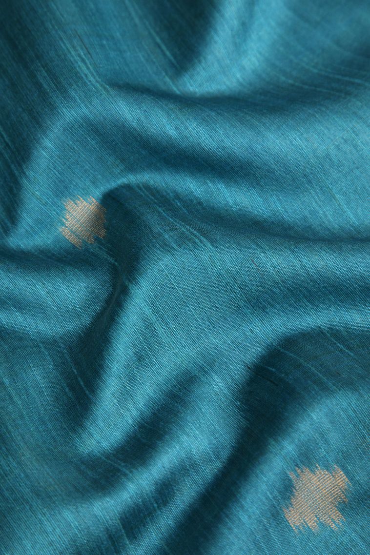 Cerulean Blue Semi Tussar Silk with Gold Zari Buttis (small Dots Or Motifs) view 4