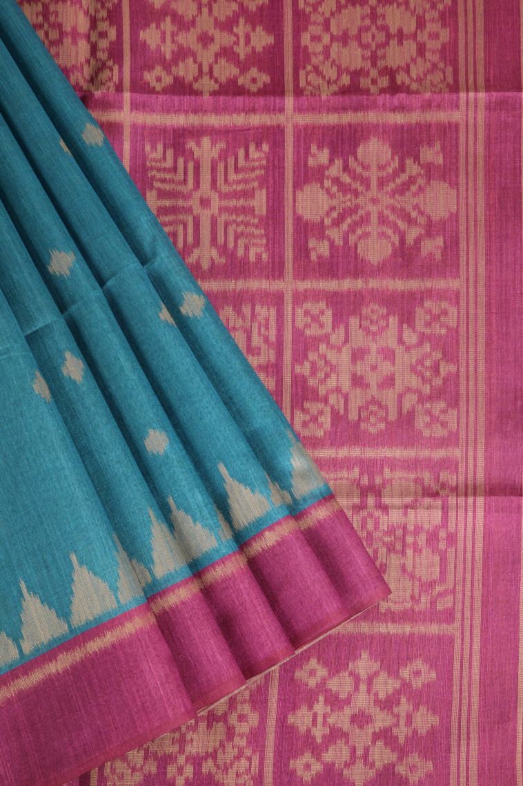 Cerulean Blue Semi Tussar Silk with Gold Zari Buttis (small Dots Or Motifs) view 1