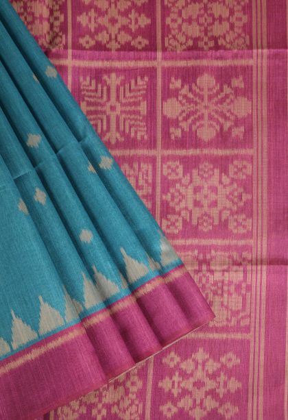 Cerulean Blue Semi Tussar Silk with Gold Zari Buttis (small Dots Or Motifs)