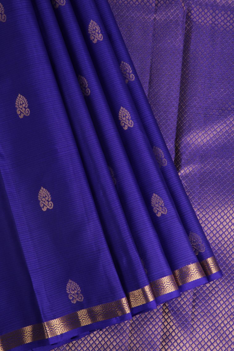 Cobalt Blue Soft Silk Saree with Gold Zari Floral Puttas view 1