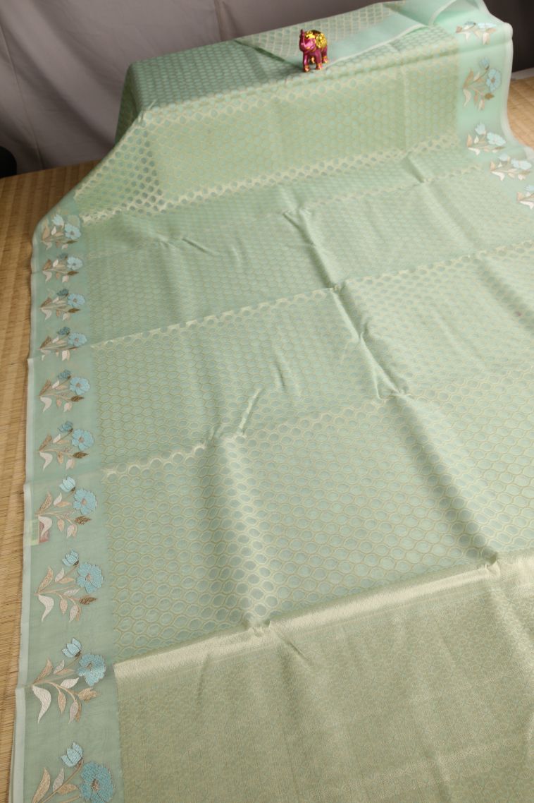 Mint Green Organza Saree with Antic Zari Geometric Shapes view 2