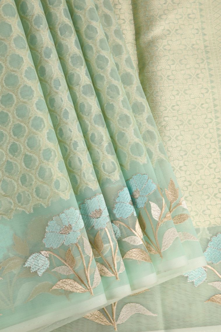 Mint Green Organza Saree with Antic Zari Geometric Shapes view 1