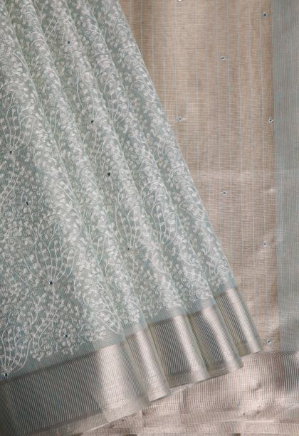 Slate Blue Organza Saree with Gold Zari Floral Patterns